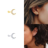 925 Silver Zircon Ear Bone Nail Mini Moon Star Piercing Stud Earrings