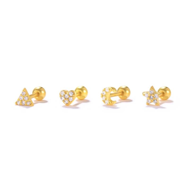 925 Silver Cubic Zirconia Ear Stud Earrings Small Geometric Piercing