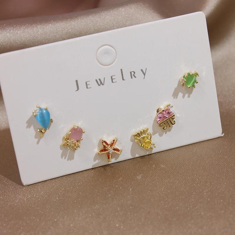 6pcs Multicolor Crystal Animal Stud Earrings for Women