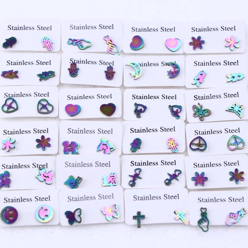 30 Pairs Stainless Steel Stud Earrings Flower Mixed Style Jewelry