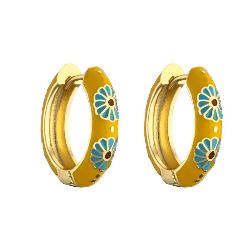 Vintage Enamel Flower Hoop Earrings Geometric Round Circle Huggie Jewelry