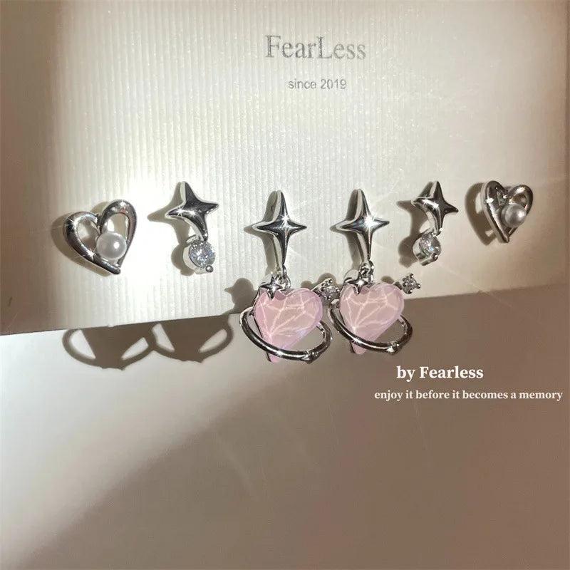 6Pcs Y2K Pink Crystal Heart Star Earrings Set