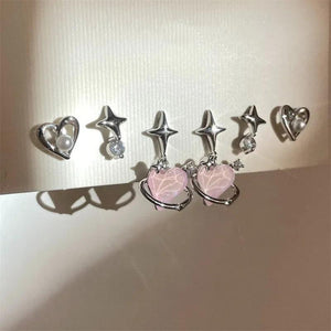 6Pcs Y2K Pink Crystal Heart Star Earrings Set