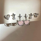 6Pcs Y2K Pink Crystal Heart Star Earrings Set