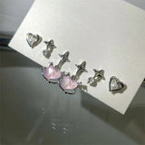 6Pcs Y2K Pink Crystal Heart Star Earrings Set