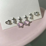 6Pcs Y2K Pink Crystal Heart Star Earrings Set