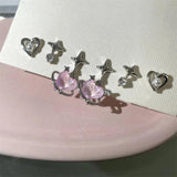 6Pcs Y2K Pink Crystal Heart Star Earrings Set
