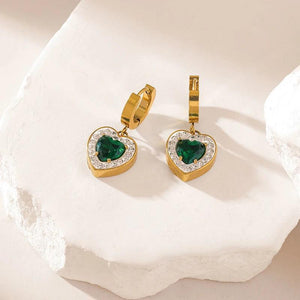 Stainless Steel Heart Crystal Earrings, Green Zircon, Women Girl Jewelry
