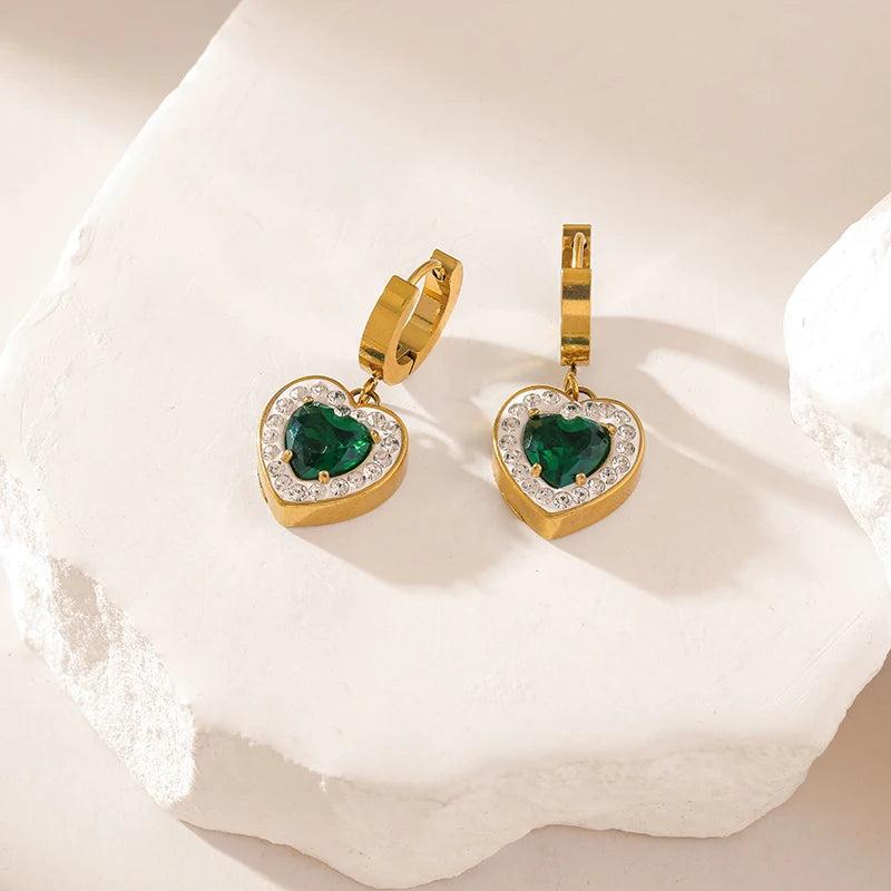 Stainless Steel Heart Crystal Earrings, Green Zircon, Women Girl Jewelry