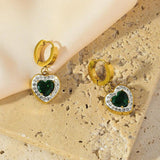 Stainless Steel Heart Crystal Earrings, Green Zircon, Women Girl Jewelry