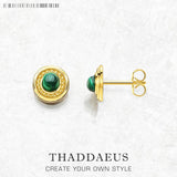 Vintage Green Stone Round Stud Earrings in 925 Sterling Silver