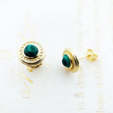 Vintage Green Stone Round Stud Earrings in 925 Sterling Silver