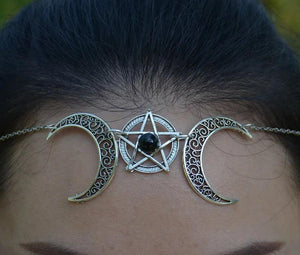 Vintage Wiccan Crescent Moon Pentagram Head Chain Wedding Hair Jewelry Crown