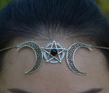 Vintage Wiccan Crescent Moon Pentagram Head Chain Wedding Hair Jewelry Crown
