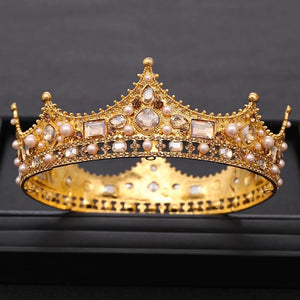 Vintage Wedding Crown Tiara Crystal Pearl Round Tiaras Baroque Bridal Crown