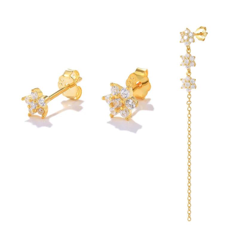 925 Silver Turquoise Zirconia Flower Star Stud Earrings Set