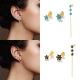 925 Silver Turquoise Zirconia Flower Star Stud Earrings Set