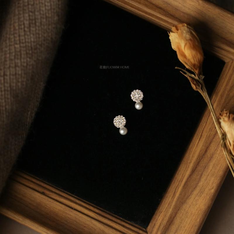925 Silver 14K Pearl Zircon Stud Earrings For Women Wedding Jewelry