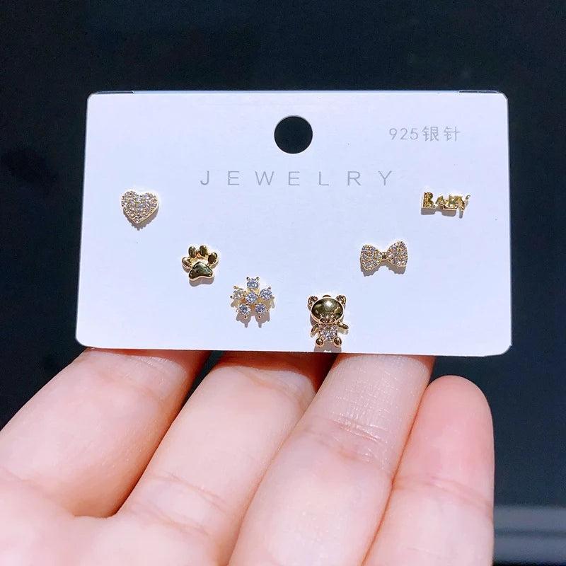 Heart Bow Baby Bear Stud Earrings Set Plated Zircon Jewelry