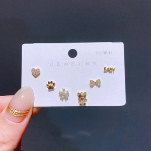 Heart Bow Baby Bear Stud Earrings Set Plated Zircon Jewelry