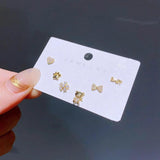 Heart Bow Baby Bear Stud Earrings Set Plated Zircon Jewelry