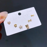 Heart Bow Baby Bear Stud Earrings Set Plated Zircon Jewelry