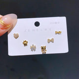 Heart Bow Baby Bear Stud Earrings Set Plated Zircon Jewelry