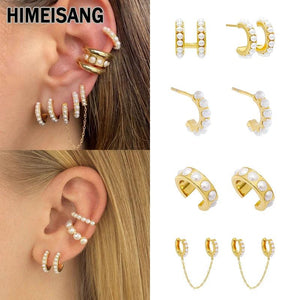 Silver Filled Hoop Stud Earrings with Pearl Ear Cuffs