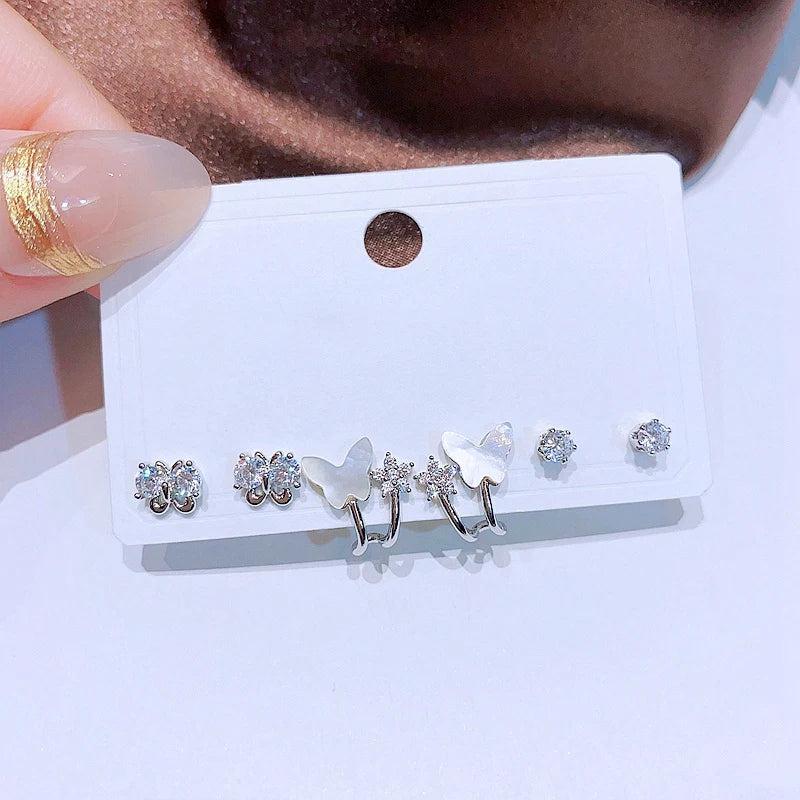 3 Pairs CZ Shell Butterfly Stud Earrings Women Jewelry