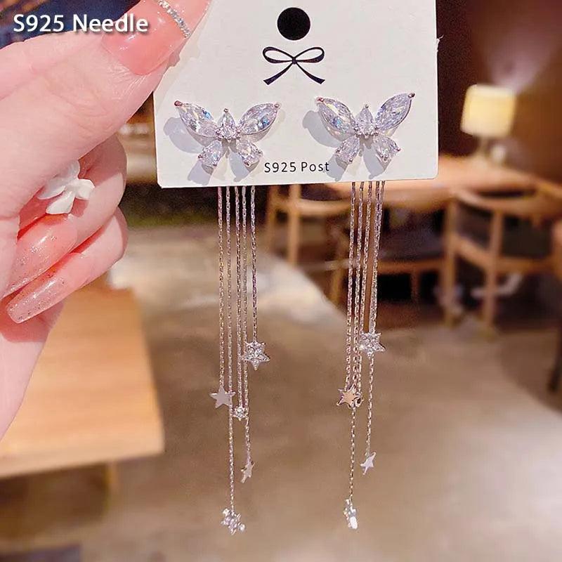 925 Silver Dangle Drop Earrings Butterfly Tassel Jewelry