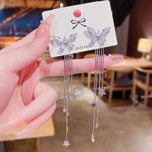 925 Silver Dangle Drop Earrings Butterfly Tassel Jewelry