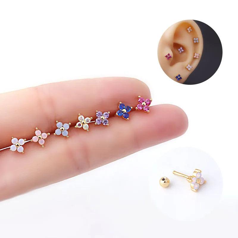 Zircon Flower Women Earrings Stainless Steel Piercing Studs
