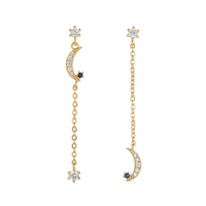 Stainless Steel CZ Chain Ear Studs Moon Star Pendant Piercing Jewelry