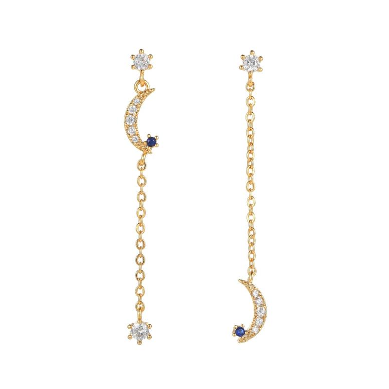 Stainless Steel CZ Chain Ear Studs Moon Star Pendant Piercing Jewelry