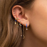 Stainless Steel CZ Chain Ear Studs Moon Star Pendant Piercing Jewelry