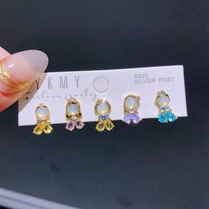 5pcs Princess Stud Earrings Set Colored Cubic Zircon 925 Silver Post Pierc