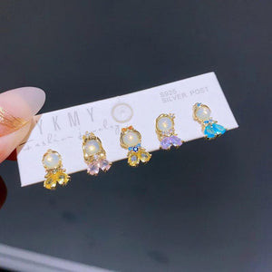 5pcs Princess Stud Earrings Set Colored Cubic Zircon 925 Silver Post Pierc