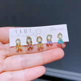 5pcs Princess Stud Earrings Set Colored Cubic Zircon 925 Silver Post Pierc