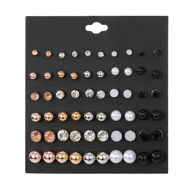 30 Pairs Women's Stud Earrings Set Pearl Crystal Zircon Jewelry