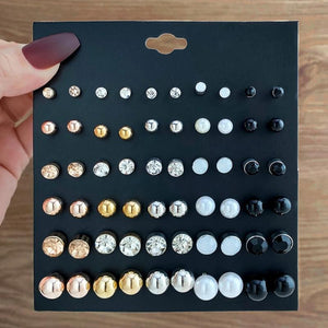 30 Pairs Women's Stud Earrings Set Pearl Crystal Zircon Jewelry