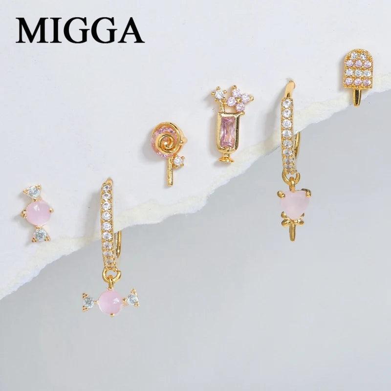 6pcs Romantic Mini Candy Lollipop Stud Earrings Set Women CZ Zircon Crystal Pier