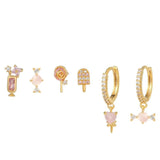 6pcs Romantic Mini Candy Lollipop Stud Earrings Set Women CZ Zircon Crystal Pier