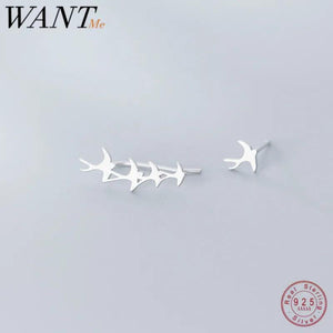 925 Silver Sweet Asymmetric Bird Stud Earrings for Women