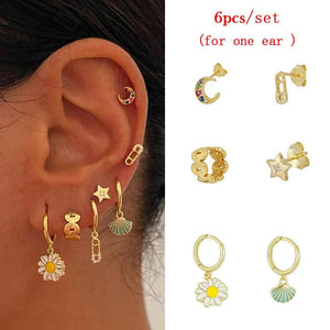 Boho Hoop Earrings Set for Women Retro Piercing Ear Cuffs Stud Dangle Jewelry