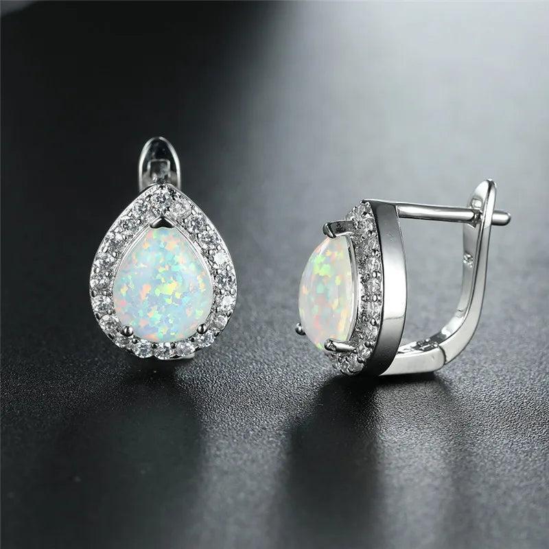 Fire Opal Hoop Earrings Water Drop Stone Small Earrings Dainty Rose Silver...