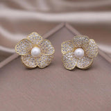 14k Plated Korea Jewelry Zircon Flower Pearl Earrings for Women