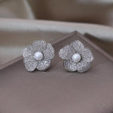 14k Plated Korea Jewelry Zircon Flower Pearl Earrings for Women