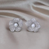 14k Plated Korea Jewelry Zircon Flower Pearl Earrings for Women