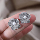 14k Plated Korea Jewelry Zircon Flower Pearl Earrings for Women