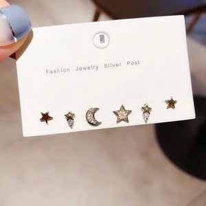 Moon & Star Earrings Set CZ Studs For Women Girls S-E1196
